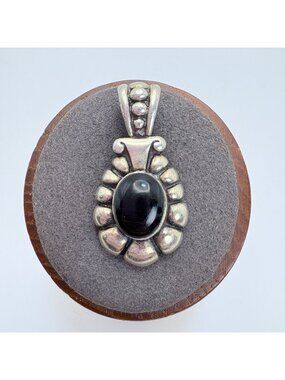 Black Onyx Bezel Set Beaded Design Pendant Silver Plated Size 1.25" Length